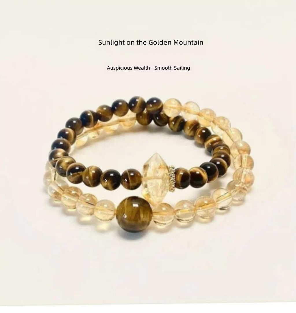 Large crystal "Sunlit Golden Mountain" tiger eye stone and yellow crystal double-loop beaded bracelet, women's jewelry with a high-end feel